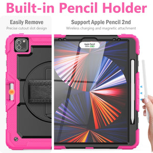 For iPad Pro 12.9 2022 / 2021 / 2020 / 2018 Shockproof Colorful Silicone + PC Protective Tablet Case with Holder & Shoulder Strap & Hand Strap & Pen Slot(Rose Silicone)