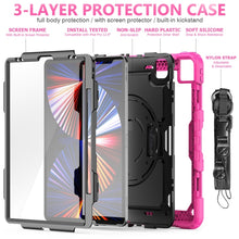 For iPad Pro 12.9 2022 / 2021 / 2020 / 2018 Shockproof Colorful Silicone + PC Protective Tablet Case with Holder & Shoulder Strap & Hand Strap & Pen Slot(Rose Silicone)