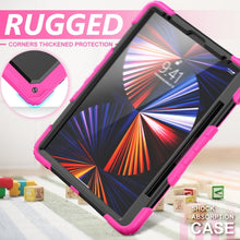 For iPad Pro 12.9 2022 / 2021 / 2020 / 2018 Shockproof Colorful Silicone + PC Protective Tablet Case with Holder & Shoulder Strap & Hand Strap & Pen Slot(Rose Silicone)