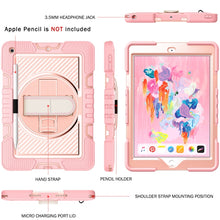 For iPad 10.2 2021 / 2020 / 2019 360 Degree Rotation Contrast Color Shockproof Silicone + PC Case with Holder & Hand Grip Strap & Shoulder Strap(Rose Gold)