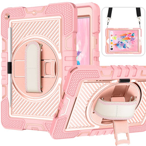 For iPad 10.2 2021 / 2020 / 2019 360 Degree Rotation Contrast Color Shockproof Silicone + PC Case with Holder & Hand Grip Strap & Shoulder Strap(Rose Gold)