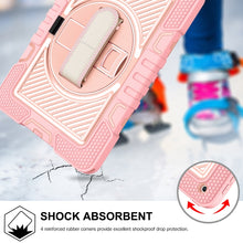 For iPad 10.2 2021 / 2020 / 2019 360 Degree Rotation Contrast Color Shockproof Silicone + PC Case with Holder & Hand Grip Strap & Shoulder Strap(Rose Gold)