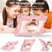 For iPad 10.2 2021 / 2020 / 2019 360 Degree Rotation Contrast Color Shockproof Silicone + PC Case with Holder & Hand Grip Strap & Shoulder Strap(Rose Gold)