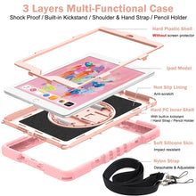 For iPad 10.2 2021 / 2020 / 2019 360 Degree Rotation Contrast Color Shockproof Silicone + PC Case with Holder & Hand Grip Strap & Shoulder Strap(Rose Gold)