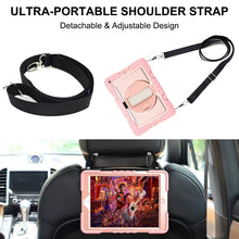 For iPad 10.2 2021 / 2020 / 2019 360 Degree Rotation Contrast Color Shockproof Silicone + PC Case with Holder & Hand Grip Strap & Shoulder Strap(Rose Gold)
