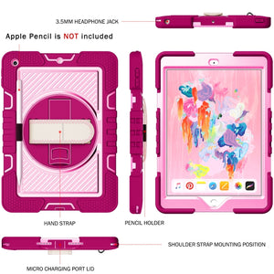 For iPad 10.2 2021 / 2020 / 2019 360 Degree Rotation Contrast Color Shockproof Silicone + PC Case with Holder & Hand Grip Strap & Shoulder Strap (Rose Red+Pink)