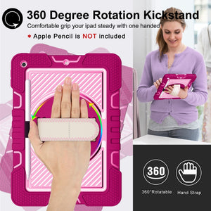 For iPad 10.2 2021 / 2020 / 2019 360 Degree Rotation Contrast Color Shockproof Silicone + PC Case with Holder & Hand Grip Strap & Shoulder Strap (Rose Red+Pink)