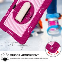 For iPad 10.2 2021 / 2020 / 2019 360 Degree Rotation Contrast Color Shockproof Silicone + PC Case with Holder & Hand Grip Strap & Shoulder Strap (Rose Red+Pink)