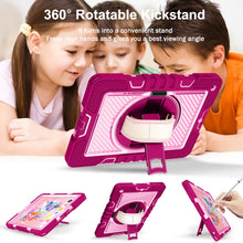 For iPad 10.2 2021 / 2020 / 2019 360 Degree Rotation Contrast Color Shockproof Silicone + PC Case with Holder & Hand Grip Strap & Shoulder Strap (Rose Red+Pink)