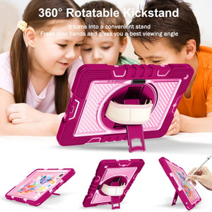 For iPad 10.2 2021 / 2020 / 2019 360 Degree Rotation Contrast Color Shockproof Silicone + PC Case with Holder & Hand Grip Strap & Shoulder Strap (Rose Red+Pink)