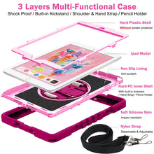 For iPad 10.2 2021 / 2020 / 2019 360 Degree Rotation Contrast Color Shockproof Silicone + PC Case with Holder & Hand Grip Strap & Shoulder Strap (Rose Red+Pink)