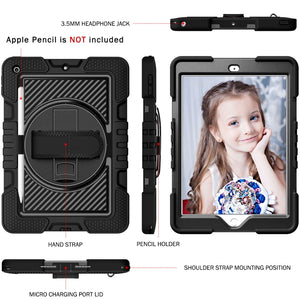 For iPad 10.2 2021 / 2020 / 2019 360 Degree Rotation Contrast Color Shockproof Silicone + PC Case with Holder & Hand Grip Strap & Shoulder Strap (Black)