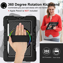 For iPad 10.2 2021 / 2020 / 2019 360 Degree Rotation Contrast Color Shockproof Silicone + PC Case with Holder & Hand Grip Strap & Shoulder Strap (Black)