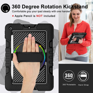 For iPad 10.2 2021 / 2020 / 2019 360 Degree Rotation Contrast Color Shockproof Silicone + PC Case with Holder & Hand Grip Strap & Shoulder Strap (Black)