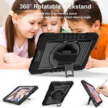 For iPad 10.2 2021 / 2020 / 2019 360 Degree Rotation Contrast Color Shockproof Silicone + PC Case with Holder & Hand Grip Strap & Shoulder Strap (Black)