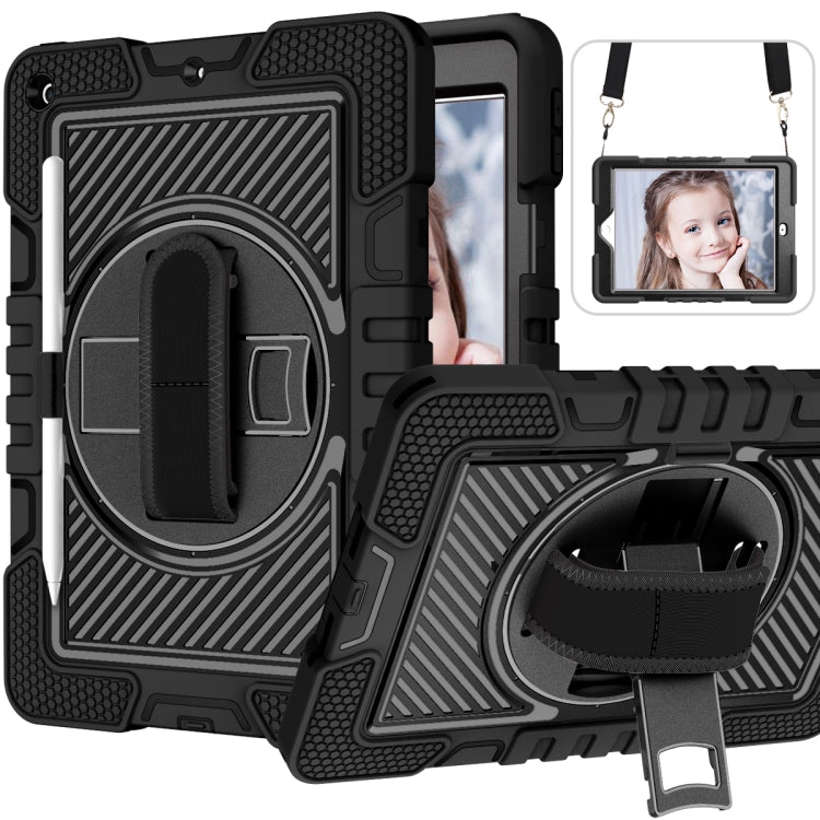 For iPad 10.2 2021 / 2020 / 2019 360 Degree Rotation Contrast Color Shockproof Silicone + PC Case with Holder & Hand Grip Strap & Shoulder Strap (Black)