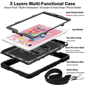 For iPad 10.2 2021 / 2020 / 2019 360 Degree Rotation Contrast Color Shockproof Silicone + PC Case with Holder & Hand Grip Strap & Shoulder Strap (Black)