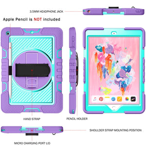 For iPad 10.2 2021 / 2020 / 2019 360 Degree Rotation Contrast Color Shockproof Silicone + PC Case with Holder & Hand Grip Strap & Shoulder Strap (Purple + Mint Green)