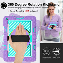 For iPad 10.2 2021 / 2020 / 2019 360 Degree Rotation Contrast Color Shockproof Silicone + PC Case with Holder & Hand Grip Strap & Shoulder Strap (Purple + Mint Green)