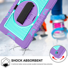 For iPad 10.2 2021 / 2020 / 2019 360 Degree Rotation Contrast Color Shockproof Silicone + PC Case with Holder & Hand Grip Strap & Shoulder Strap (Purple + Mint Green)