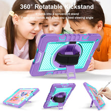 For iPad 10.2 2021 / 2020 / 2019 360 Degree Rotation Contrast Color Shockproof Silicone + PC Case with Holder & Hand Grip Strap & Shoulder Strap (Purple + Mint Green)