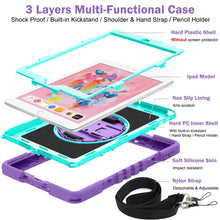 For iPad 10.2 2021 / 2020 / 2019 360 Degree Rotation Contrast Color Shockproof Silicone + PC Case with Holder & Hand Grip Strap & Shoulder Strap (Purple + Mint Green)