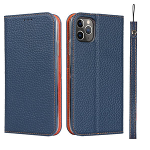 For iPhone 11 Pro Max Litchi Genuine Leather Phone Case (Dark Blue)