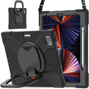 For iPad Pro 12.9 2022 / 2021 Silicone + PC Protective Tablet Case with Holder & Shoulder Strap(Black+Black)