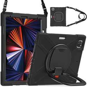 For iPad Pro 12.9 2022 / 2021 Silicone + PC Protective Tablet Case with Holder & Shoulder Strap(Black+Black)