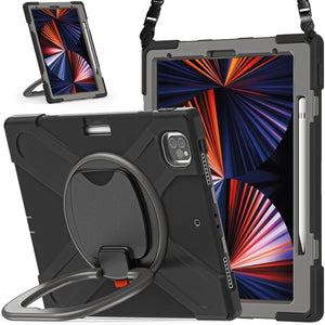 For iPad Pro 12.9 2022 / 2021 Silicone + PC Protective Tablet Case with Holder & Shoulder Strap(Black+Grey)