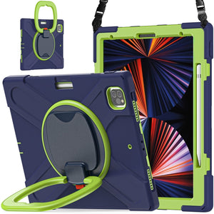 For iPad Pro 12.9 2022 / 2021 Silicone + PC Protective Tablet Case with Holder & Shoulder Strap(Navy Blue + Lime)