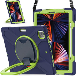 For iPad Pro 12.9 2022 / 2021 Silicone + PC Protective Tablet Case with Holder & Shoulder Strap(Navy Blue + Lime)