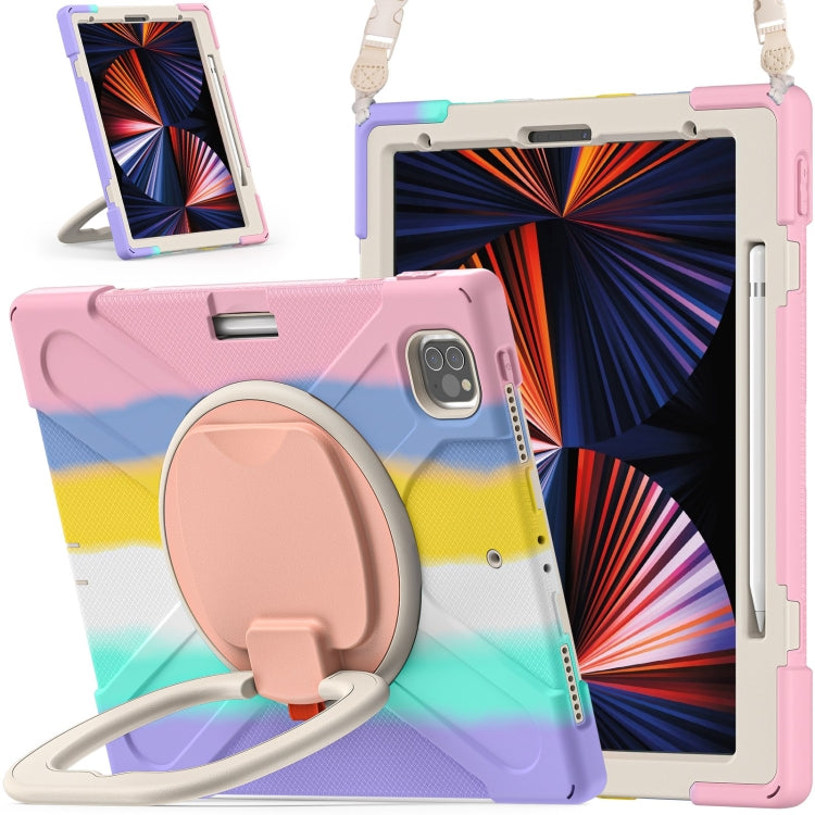 For iPad Pro 12.9 2022 / 2021 Silicone + PC Protective Tablet Case with Holder & Shoulder Strap(Colorful Pink)