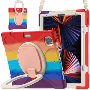 For iPad Pro 12.9 2022 / 2021 Silicone + PC Protective Tablet Case with Holder & Shoulder Strap(Colorful Red)