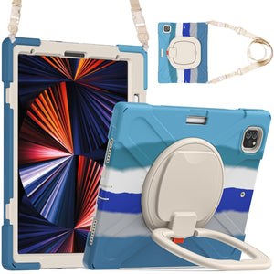 For iPad Pro 12.9 2022 / 2021 Silicone + PC Protective Tablet Case with Holder & Shoulder Strap(Colorful Blue)