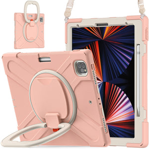 For iPad Pro 12.9 2022 / 2021 Silicone + PC Protective Tablet Case with Holder & Shoulder Strap(Rose Gold)