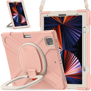 For iPad Pro 12.9 2022 / 2021 Silicone + PC Protective Tablet Case with Holder & Shoulder Strap(Rose Gold)