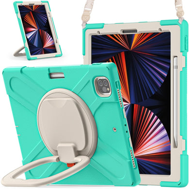 For iPad Pro 12.9 2022 / 2021 Silicone + PC Protective Tablet Case with Holder & Shoulder Strap(Mint Green)