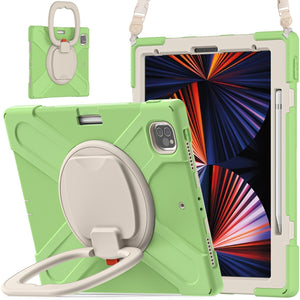 For iPad Pro 12.9 2022 / 2021 Silicone + PC Protective Tablet Case with Holder & Shoulder Strap(Matcha Green)