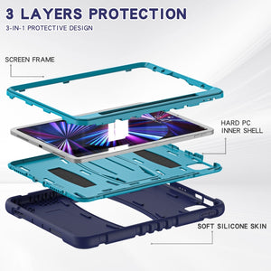 For iPad Pro 11 2022 / 2021 / 2020 / 2018 3-Layer Protection Screen Frame + PC + Silicone Shockproof Combination Tablet Case with Holder(NavyBlue+Blue)
