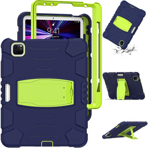 For iPad Pro 11 2022 / 2021 / 2020 / 2018 3-Layer Protection Screen Frame + PC + Silicone Shockproof Combination Tablet Case with Holder(NavyBlue+Lime)