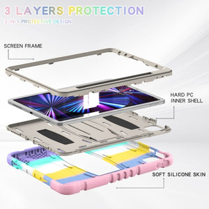 For iPad Pro 11 2022 / 2021 / 2020 / 2018 3-Layer Protection Screen Frame + PC + Silicone Shockproof Combination Tablet Case with Holder(Colorful Pink)