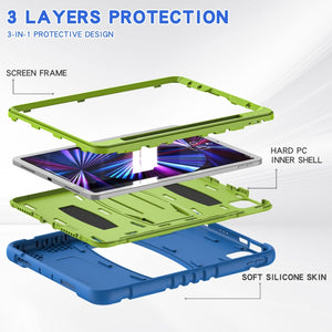 For iPad Pro 11 2022 / 2021 / 2020 / 2018 3-Layer Protection Screen Frame + PC + Silicone Shockproof Combination Tablet Case with Holder(Blue+Lime)