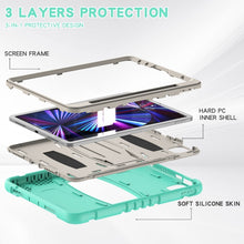 For iPad Pro 11 2022 / 2021 / 2020 / 2018 3-Layer Protection Screen Frame + PC + Silicone Shockproof Combination Tablet Case with Holder(Mint Green)