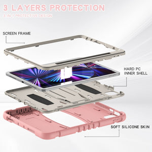 For iPad Pro 11 2022 / 2021 / 2020 / 2018 3-Layer Protection Screen Frame + PC + Silicone Shockproof Combination Tablet Case with Holder(Cherry Blossoms Pink)