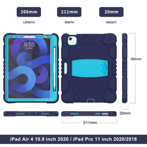 3-Layer PC + Silicone Shockproof Tablet Case with Holder For iPad Air 2020 / 2022 10.9 / Pro 11 2022 / 2021 / 2020 / 2018(NavyBlue+Blue)