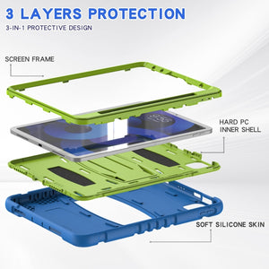 3-Layer PC + Silicone Shockproof Tablet Case with Holder For iPad Air 2020 / 2022 10.9 / Pro 11 2022 / 2021 / 2020 / 2018(Blue+Lime)
