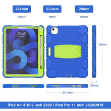3-Layer PC + Silicone Shockproof Tablet Case with Holder For iPad Air 2020 / 2022 10.9 / Pro 11 2022 / 2021 / 2020 / 2018(Blue+Lime)
