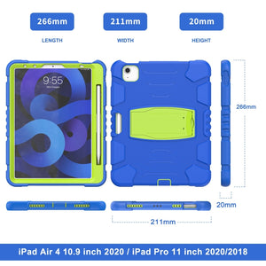 3-Layer PC + Silicone Shockproof Tablet Case with Holder For iPad Air 2020 / 2022 10.9 / Pro 11 2022 / 2021 / 2020 / 2018(Blue+Lime)