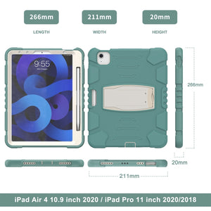 3-Layer PC + Silicone Shockproof Tablet Case with Holder For iPad Air 2020 / 2022 10.9 / Pro 11 2022 / 2021 / 2020 / 2018(Emerald Green)